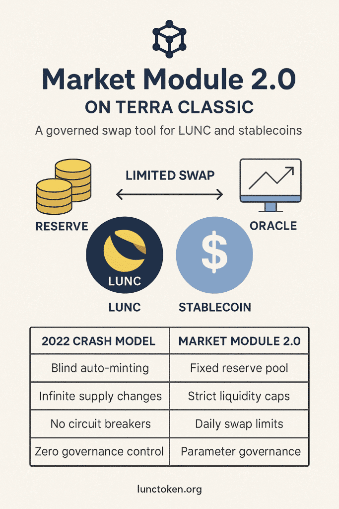 Infographic showing how the Market Module 2.0 on Terra Classic enables limited, governed swaps between LUNC and stablecoins like USTC or EUTC