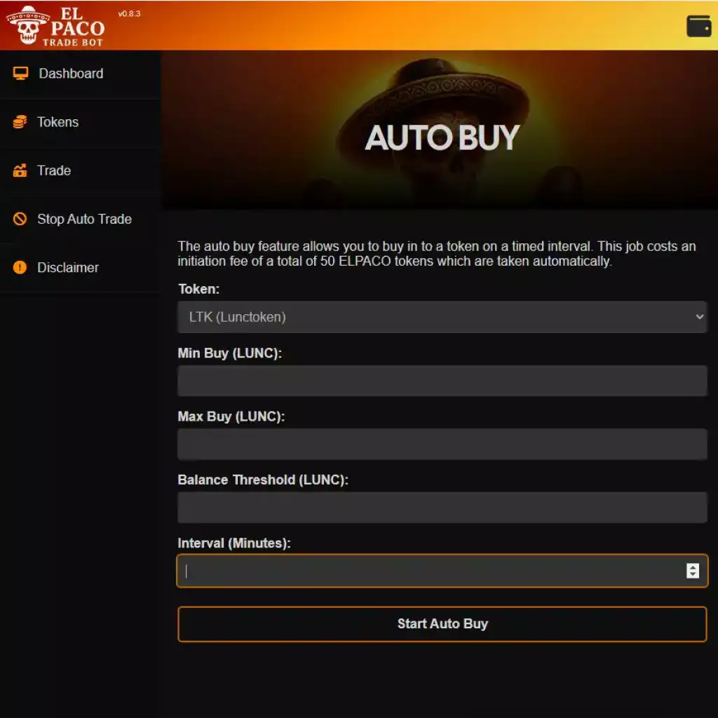 El Paco Trading Bot - Auto Buy Konfiguration Screenshot - www.lunctoken.org