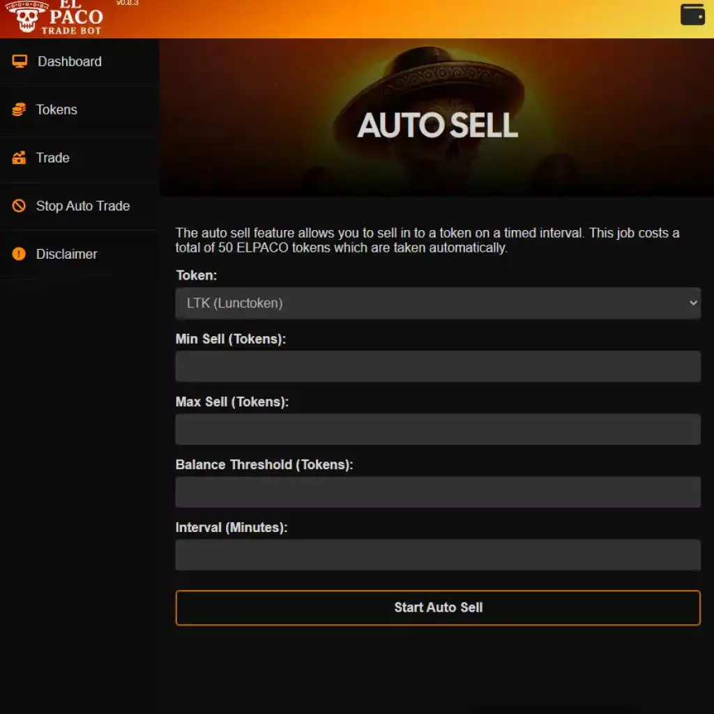 El Paco Trading Bot - Auto Sell Konfiguration Screenshot - www.lunctoken.org