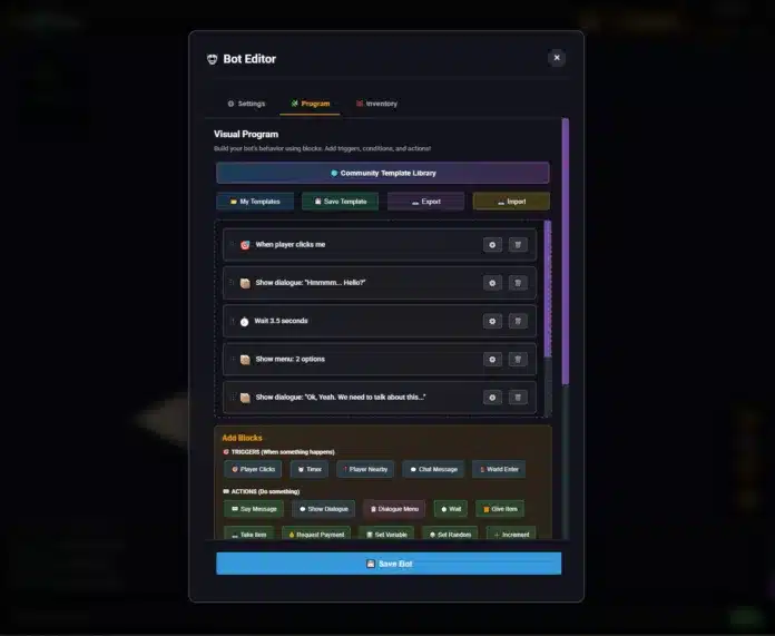 LUNC Tools World Bot Editor displaying visual scripting blocks with triggers, conditions, and dialogue logic