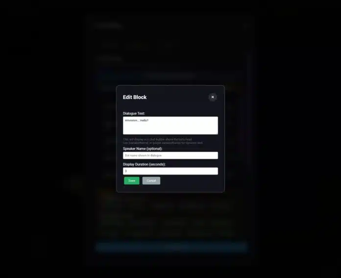 Edit dialogue block window in LUNC Tools World Bot Editor for customizing NPC text and display duration