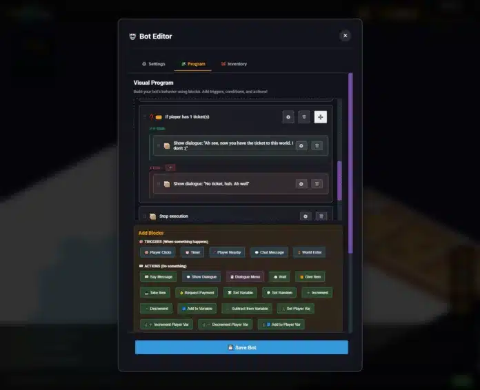 LUNC Tools World Bot Editor with community templates and visual scripting blocks for interactive NPC behavior